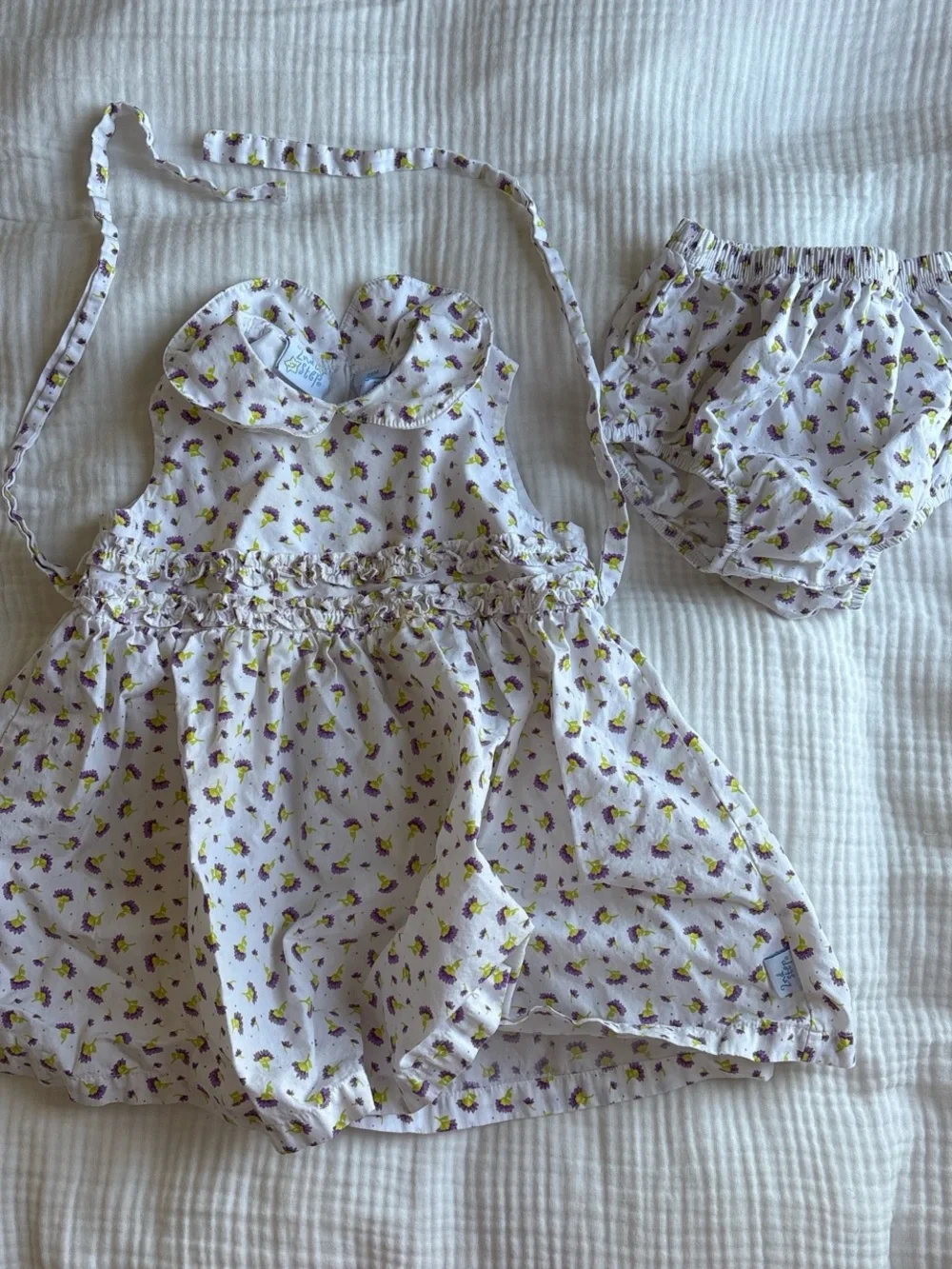 Baby Floral Smocked Dress & Bloomers - White with Purple & Yellow